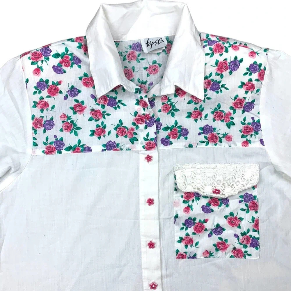 Vintage 90's Western Floral Button Up Short Sleeve Top Pink Purple White Small - Picture 5 of 8